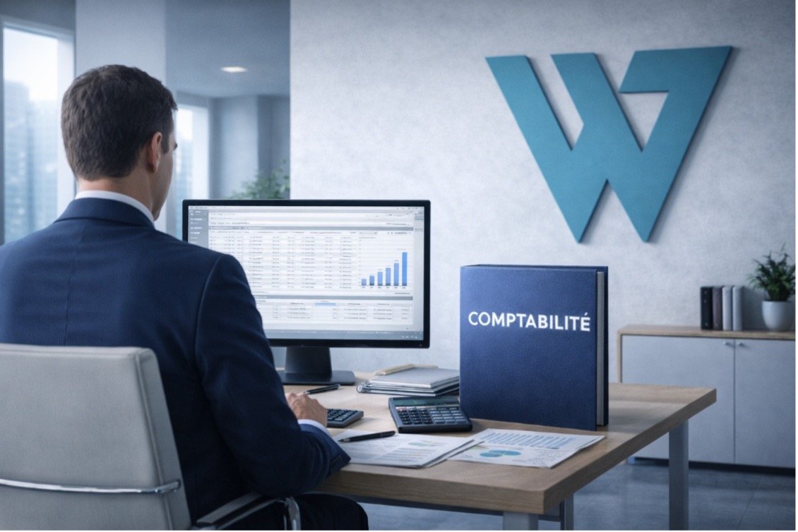 Comptable travaillant sur un ordinateur avec des tableaux de bord financiers, à côté d'un classeur bleu marqué "COMPTABILITÉ" dans un bureau moderne avec le logo W au mur.
