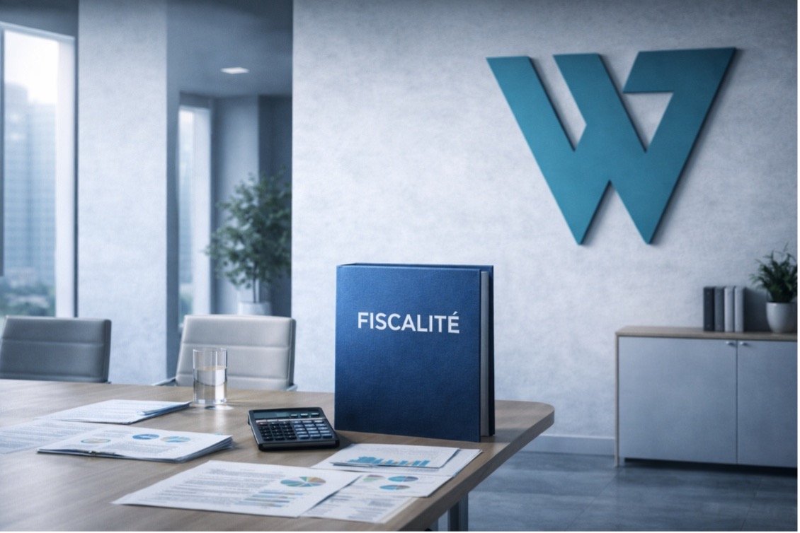Classeur bleu marqué "FISCALITÉ" sur une table de réunion avec des graphiques financiers, dans un bureau fiduciaire moderne arborant le logo W.